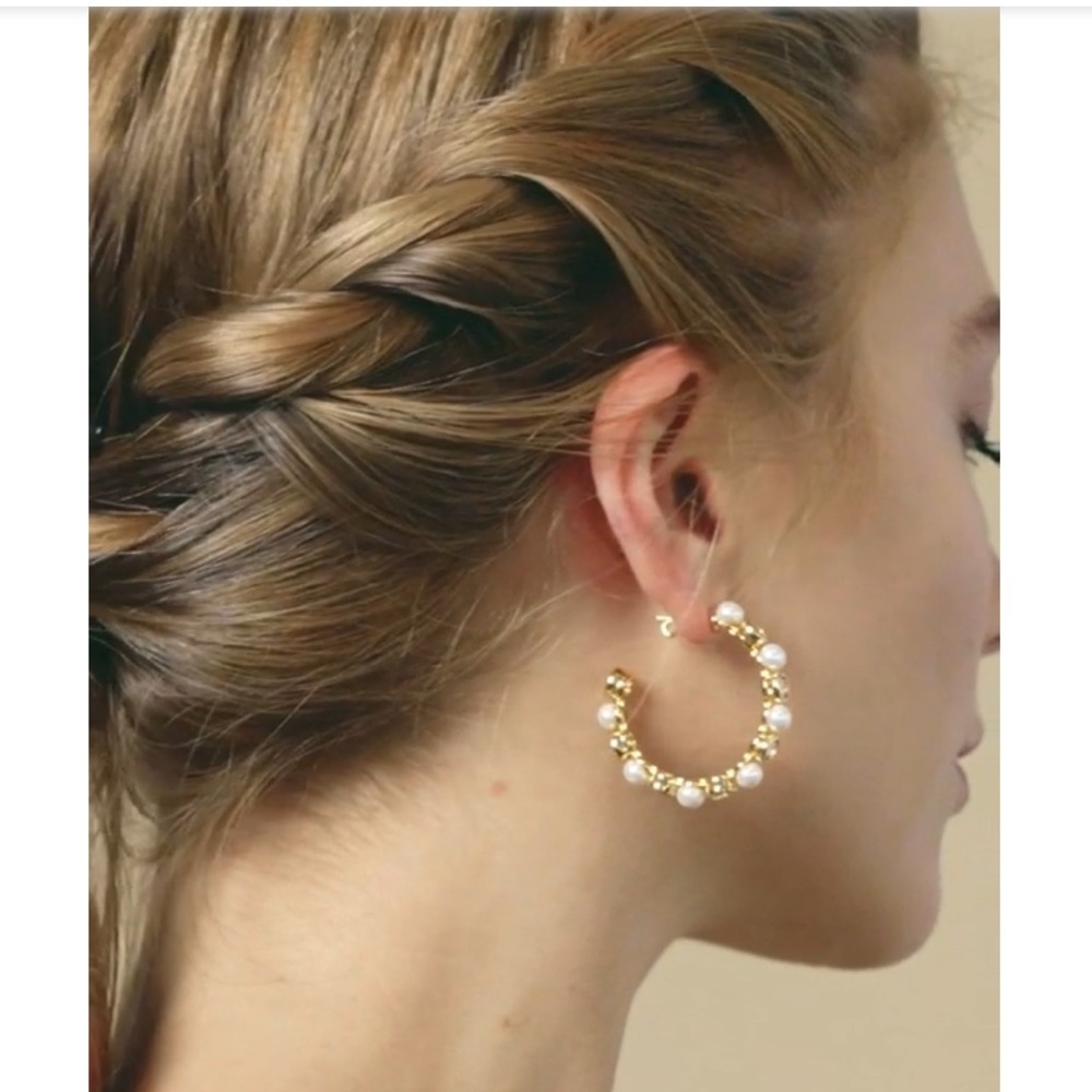 Sterling Silver Theodora 14K gold‎ plated cubic zirconia pearl Hoop Earrings - Picture 7 of 11